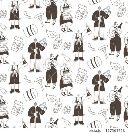 Oktoberfest seamless pattern. Doodle characters with alcohol drinks endless background. People with beverage continuous cover. Beer lovers repeat ornament surface. Vector illustration. 117305728