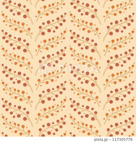 Berries twigs seamless pattern. Rowanberry brunch ornament repeat background. Vector hand drawn flat illustration. 117305776