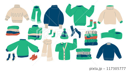 Set of cozy knitted sweaters, scarves, socks, and warm accessories. Winter warm clothes kit. Vector hand drawn flat collection illustration isolated on white background. Set of cozy knitted sweaters, scarves, socks, and warm accessories. Winter warm clothes kit. Vector hand drawn flat collection illustration isolated on white background. 117305777