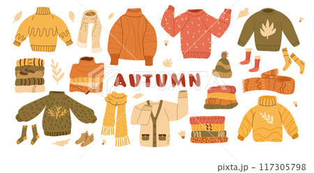Set of cozy autumnal sweaters, scarves, socks, and warm accessories. Fall apparel clothes, cardigan, beanie kit. Vector hand drawn collection illustration isolated on white background. 117305798