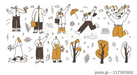 Set of autumn park walking people. Characters with fall leaves. Vector hand drawn doodle collection illustration isolated on white background. 117305802