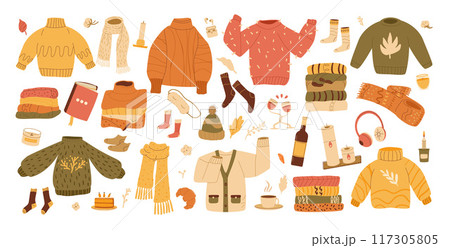 Set of cozy autumnal sweaters, scarves, socks, and warm accessories. Fall clothes kit. Vector hand drawn flat collection illustration isolated on white background. 117305805
