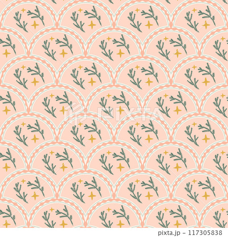 Christmas tree scallop seamless pattern. Happy New Yea arch repeat background. Yuletide pine branches retro endless design. Xmas decor surface. Vector hand drawn illustration. 117305838