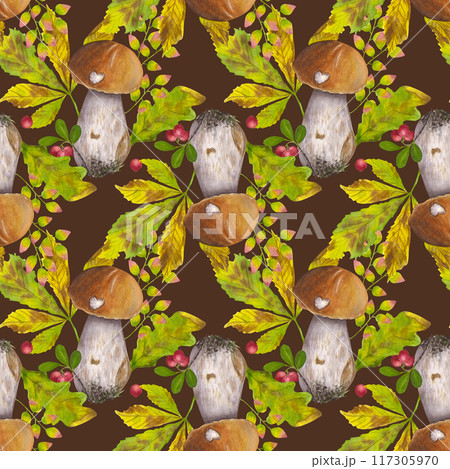 Autumn seamless pattern - edible mushroom, leaves and berries, forest boletus fungus. Lingonberries, chestnut, oak. Hand draw watercolor illustration dark background. For textiles, packaging, fabric 117305970