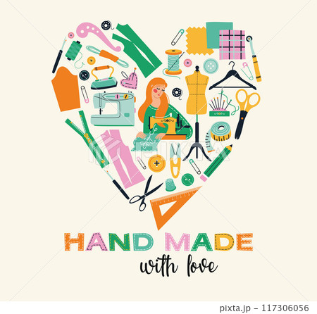 Heart of sewing tools icons tailor girl hand made workshop Heart of sewing tools icons tailor girl hand made workshop 117306056