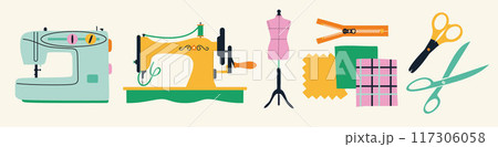 Illustrations set banners of sewing tools icons tailor hand made workshop 117306058
