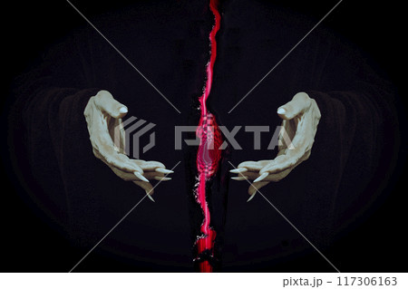 Pale empty demons hands with sharp nails tear the fabric of space in the darkness, close-up, film grain. 117306163