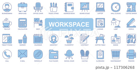 Workspace icons set in duotone outline stroke design for web. Pack pictograms of businessman, briefcase, office chair, pencil, book, board stand, laptop, coffee maker, other. Vector illustration. 117306268