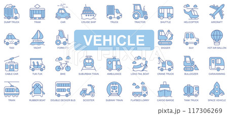 Vehicle icons set in duotone outline stroke design for web. Pack pictograms of dump truck, tram, car, cruise ship, tractor, shuttle, helicopter, taxi, yacht, ambulance, other. Vector illustration. Vehicle icons set in duotone outline stroke design for web. Pack pictograms of dump truck, tram, car, cruise ship, tractor, shuttle, helicopter, taxi, yacht, ambulance, other. Vector illustration. 117306269