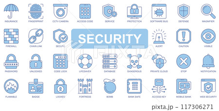 Security icons set in duotone outline stroke design for web. Pack pictograms of insurance, fingerprint, cctv camera, access code, protection, software bug, firewall, link, other. Vector illustration. Security icons set in duotone outline stroke design for web. Pack pictograms of insurance, fingerprint, cctv camera, access code, protection, software bug, firewall, link, other. Vector illustration. 117306271
