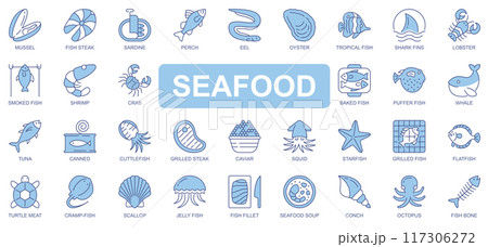 Seafood icons set in duotone outline stroke design for web. Pack pictograms of mussel, fish steak, sardine, perch, eel, oyster, shark fins, lobster, shrimp, crab, whale, other. Vector illustration. 117306272