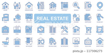 Real estate icons set in duotone outline stroke design for web. Pack pictograms of house, family, realtor, discount, rent, location, villa, home, loan, chance, mortgage, other. Vector illustration. 117306273