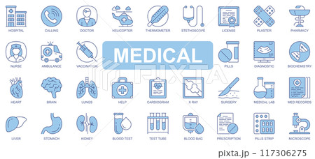 Medical icons set in duotone outline stroke design for web. Pack pictograms of hospital, doctor, helicopter, thermometer, stethoscope, license, pharmacy, nurse, ambulance, other. Vector illustration. 117306275