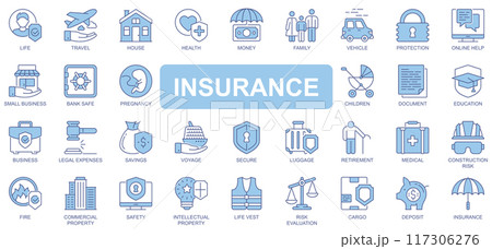Insurance icons set in duotone outline stroke design for web. Pack pictograms of life, travel, house, health, money, family, vehicle, protection, small business, pregnancy, other. Vector illustration. 117306276