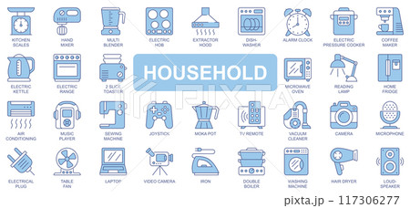 Household icons set in duotone outline stroke design for web. Pack pictograms of kitchen scales, mixer, blender, electric hob, dishwasher, alarm clock, coffee maker, lamp, other. Vector illustration. 117306277