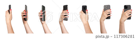 Berlin Germany July 21 2024 hand using phone isolated on white background. different angles, 117306281