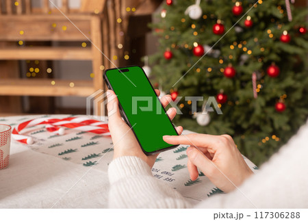 Lodz Poland July 20 2024 Hand holding mobile phone mockup, iphone screen mock up, Christmas holiday, 117306288