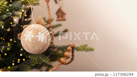 Christmas ornament, ball, bauble hanging on Christmas Branch, banner background 117306294