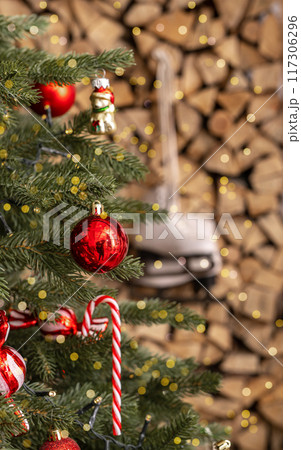 Fir tree, Christmas background, wooden country house decoration Fir tree, Christmas background, wooden country house decoration 117306296