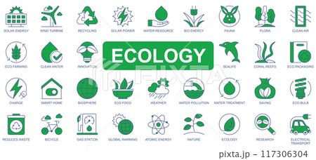 Ecology icons set in duotone outline stroke design for web. Pack pictograms of solar energy, wind turbine, recycling, resource, bio, fauna, flora, air clean, eco farming, other. Vector illustration. 117306304
