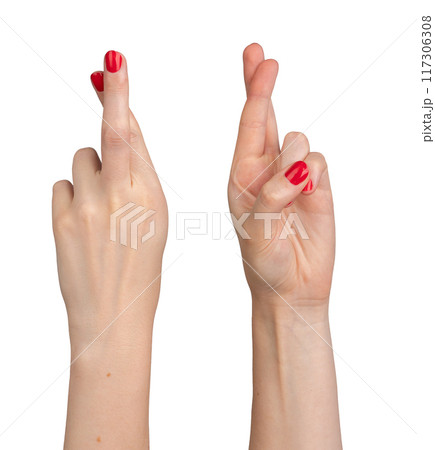 crossing fingers sign, liar gesture, isolated on white background 117306308