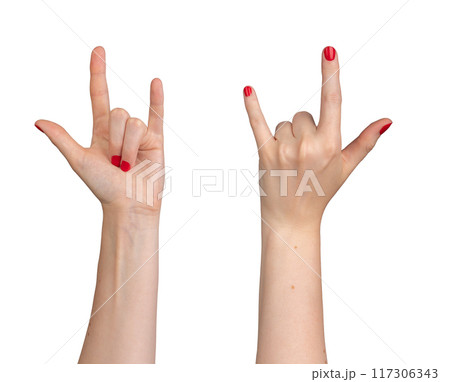 rock horns sign, gesture isolated on white background 117306343