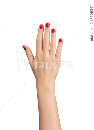 Women hand with short red nails, fingernails manicure isolated on white background Women hand with short red nails, fingernails manicure isolated on white background 117306344