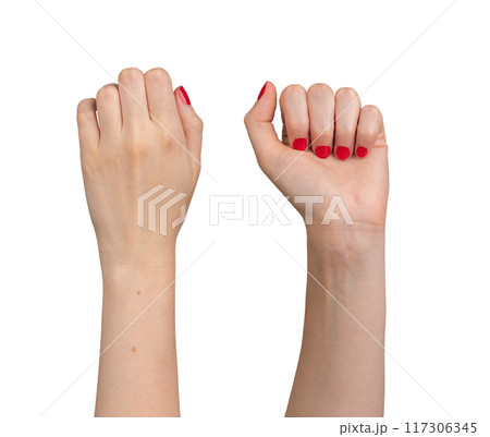 fist clenched raised up, girl power sign, isolated on white background 117306345