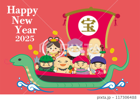 2025年巳年年賀状用テンプレート　宝船に乗った七福神の手描き和風イラスト入り 117306488
