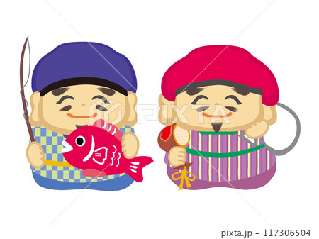 七福神の恵比寿天と大黒天のポップな和風イラスト 117306504