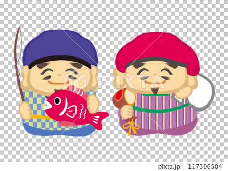 七福神の恵比寿天と大黒天のポップな和風イラスト 117306504