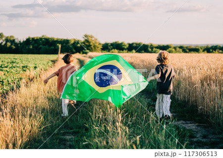 Brazilian Little Kids - Football Patriot Children Runs With National Flag.Brazil 117306513