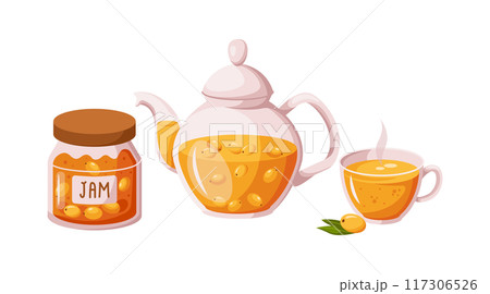 Jam and hot tea of sea buckthorn berries 2D cartoon objects 117306526