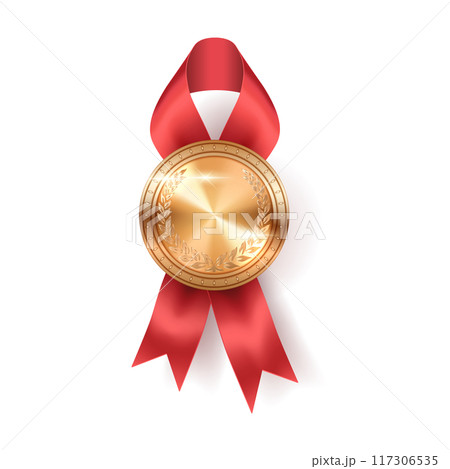 Blank golden medal with red silk ribbon vector illustration 117306535