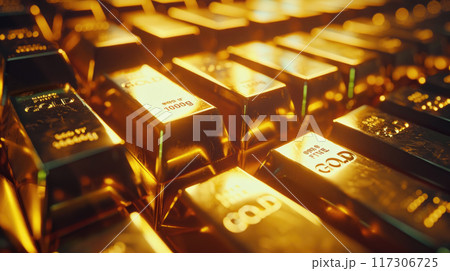 Stacks of gold bars, lot of shiny golden ingots in vault, much money bricks in bank vault. Concept of luxury blocks, wealth, finance, bullion, background. 117306725