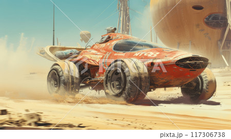 Old car drives fast at post apocalypses, view of vintage iron vehicle and futuristic buildings in desert. Concept of dystopia, sport, race, steampunk and future 117306738