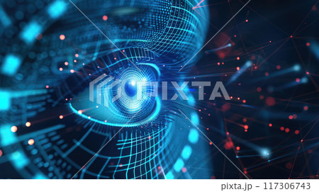 Facial recognition technology, person eye with data of AI biometric system, digital 3d scanning of face. Concept of verification, id, deepfake, identification, science Facial recognition technology, person eye with data of AI biometric system, digital 3d scanning of face. Concept of verification, id, deepfake, identification, science 117306743