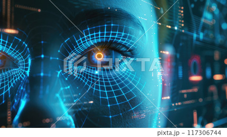 Facial recognition technology, person eye with data of AI biometric system, digital 3d scanning of woman face. Concept of verification, deepfake, identification, validation 117306744