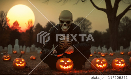 A thoughtful skeleton, contemplating his death, sits in an old graveyard with a smartphone in his hand during a Halloween sunset A thoughtful skeleton, contemplating his death, sits in an old graveyard with a smartphone in his hand during a Halloween sunset 117306851