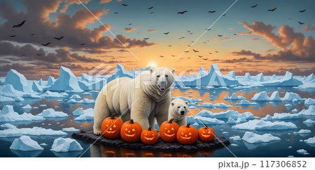 Polar bear and pumpkins against the backdrop of ice floes and sunset. Halloween in Antarctica. Artistic illustration. Polar bear and pumpkins against the backdrop of ice floes and sunset. Halloween in Antarctica. Artistic illustration. 117306852