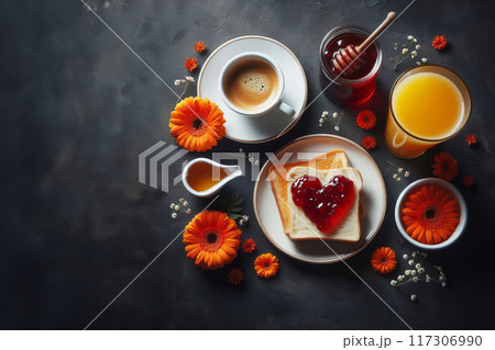 Charming breakfast setting on dark textured surface. Charming breakfast setting on dark textured surface. 117306990