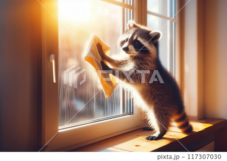 Charming digital painting depicts a raccoon cleaning a window with a cloth in a delightful concept art, Charming digital painting depicts a raccoon cleaning a window with a cloth in a delightful concept art, 117307030