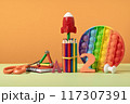 Group of colored stationery. rocket pencils on yellow background with rocket. Brain teaser and development for back to school or education. Bright accessories. Success achievement ideas 117307391