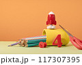 Group of colored stationery. rocket pencils on yellow background with rocket. Brain teaser development for back to school or education. Bright accessories. Success achievement digit 4 117307395