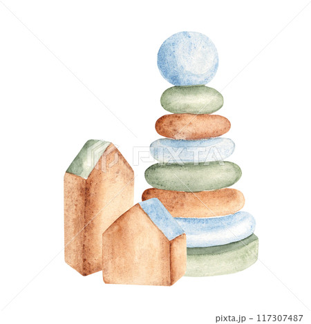 Eco baby toys. Composition of Wooden cubes, houses and pyramid. Watercolor hand drawn illustration isolated on white background. Clip art for kids products, ads, cards for baby shower or newborn Eco baby toys. Composition of Wooden cubes, houses and pyramid. Watercolor hand drawn illustration isolated on white background. Clip art for kids products, ads, cards for baby shower or newborn 117307487