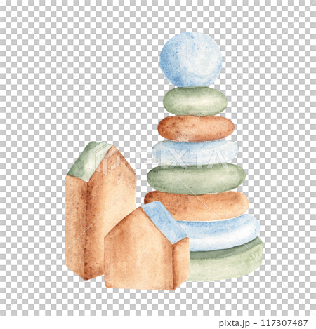 Eco baby toys. Composition of Wooden cubes, houses and pyramid. Watercolor hand drawn illustration isolated on white background. Clip art for kids products, ads, cards for baby shower or newborn Eco baby toys. Composition of Wooden cubes, houses and pyramid. Watercolor hand drawn illustration isolated on white background. Clip art for kids products, ads, cards for baby shower or newborn 117307487