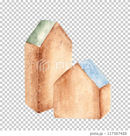 Eco baby toys. Composition of Wooden cubes, houses with a green and blue roof. Watercolor hand drawn illustration isolated on white background. Clip art for kids products, shop advertisement, cards Eco baby toys. Composition of Wooden cubes, houses with a green and blue roof. Watercolor hand drawn illustration isolated on white background. Clip art for kids products, shop advertisement, cards 117307488