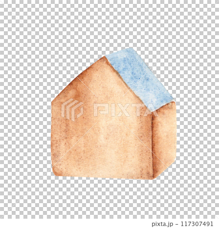 Eco baby boy toy. Wooden cube, house with a blue roof. Watercolor hand drawn illustration isolated on white background. Clip art for kids goods, kid's shop, cards for baby shower. Eco baby boy toy. Wooden cube, house with a blue roof. Watercolor hand drawn illustration isolated on white background. Clip art for kids goods, kid's shop, cards for baby shower. 117307491