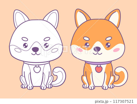 Cute dog Shiba Inu. Funny cartoon kawaii character pet. Isolated Color and outline drawing. Vector illustration 117307521