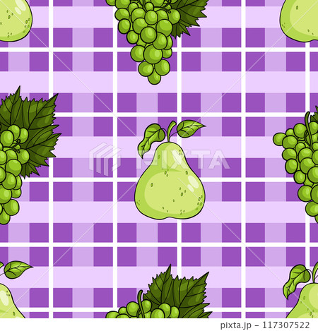 Seamless pattern with fruits green ripe pear and grapes on purple checkered background. Vector illustration Seamless pattern with fruits green ripe pear and grapes on purple checkered background. Vector illustration 117307522